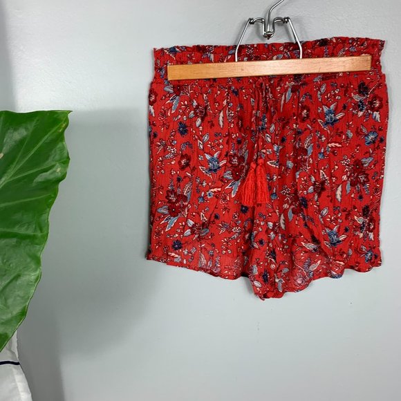 American Eagle Outfitters Pants - American Eagle Boho Red Floral Tassel Shorts Small